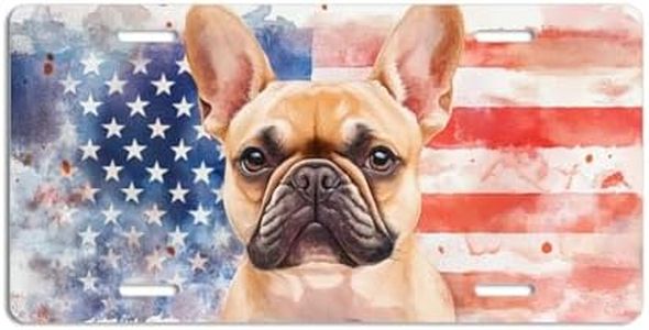NGZ French Bulldog License Plate, Funny Pet American Flag Painting Aluminum License Plate Suitable for Car, RVs, Bars, Fences, garages, etc. 12x6 Inch