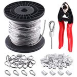 Glarks 72Pcs 1/8" 150ft Stainless Steel Wire Cable Assortment Kit, Wire Rope Aircraft Cable with Cutter, 20Pcs M3 Wire Rope Thimbles 50Pcs Aluminum Crimping Loop Sleeve Set for DIY Deck, Rail, Stair