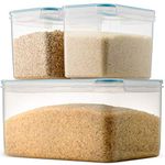Komax Biokips Extra Large Rice Container – Airtight Food Storage Containers for Rice, Baking Supplies, or Dry Food – 48.6 Cups Rice Dispenser w/Handle + 2 Nestable 15.2 Cups Food Containers (3-Pack)