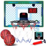 Indoor Mini Basketball Hoop for Kids,Mini Basketball Hoop with Electronic Scoreboard & 2 Balls,Over The Door Basketball Hoop with LED Lighting, Basketball Wall-Mount Hoops & Goals Toys(Green)