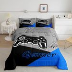 Feelyou Gaming Comforter for Boys Teen Video Game Bedding Set for Kids Gamer Comforter for All Season Gamepad Home Decor for Comforter Set King Size,1 Comforter with 2 Pillowcases Blue Black Grey