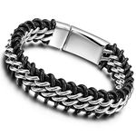 Men’s Anchor Wrap Black Leather Bracelet with Stainless Steel Clasp (White)