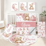 KAINSY Custom Baby Crib Set, 5 Pcs Personalized Name Pink Bear Theme for Infants Toddlers, Nursery Bedding for Girls, Double Layer Customized Gifts