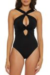 BECCA Women's Standard Color Code One Piece Swimsuit, High Neck, Bathing Suits, Black, Medium