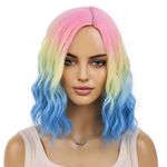 MAGQOO Rainbow Wig for Women Short Rainbow Wig Multi-color Wig Side Part Short Curly Wavy Rainbow Hair Wigs Synthetic Heat Resistant Cosplay Costume Party Wigs