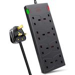 EXTRASTAR 8 Way Extension Leads with Surge Protection, 13A 3120W Approved British UK Wall Mounted Power Strips with 1 Metre Extension Cord for Home, Office - Black