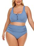 Summer Mae Plus Size Women Ribbed Two Piece Bikini High Waist Swimsuit Scoop Crop Top Bathing Suit Swimwear Baby Blue 22 Plus