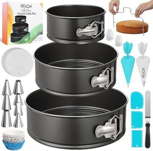 RFAQK 100pcs Cake Pan Sets for Baking + Cake Decorating Supplies: 3 Non-Stick Springform Pans Set (4, 7, 9 inches), Icing Tips, Cake Leveler – Multi-functional Leak-Proof CheeseCake Pan & eBook
