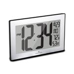 Marathon Atomic Wall Clock with Stand, Black Frame/Stainless Steel Finish - Large, 9-Inch Display - AM/PM or 24-Hour Time Format, Eight Time Zones & Indoor Temperature - Two AA Batteries Included