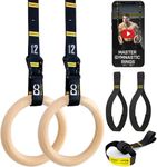 Double Circle Wood Gymnastic Rings with Quick Adjust Numbered Straps and Exercise Videos Guide - Full Body Workout, Calisthenics, Home Gym (Multi-Size) (Rings & Straps + Door Anchor + Foot Straps)