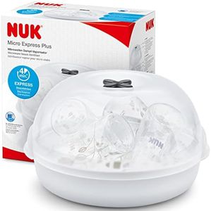 NUK Micro Express Plus esterilizador de biberones para microondas | Esteriliza hasta 4 biberones y accesorios en 4 minutos |Apto para la mayoría de los microondas |Pinzas para una extracción higiénica