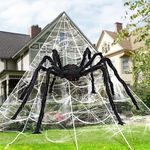 JOYIN Halloween Decoration Outdoor, 63‘’ Giant Spider with 400 sqft Spider Web Outside Decor, Triangular Spiderweb 23 x 18 ft and Stretchy Cobweb 120g for Yard Haunted House Indoor Decor Supplies