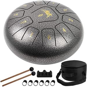 Steel Tongue Drum, AKLOT 10 inch 11 Notes Tank Drum C Key Percussion Steel Drum Kit w/Drum Mallets Note Stickers Finger Picks Mallet Bracket and Gig Bag