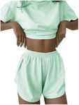 OYOANGLE Women's Two Piece Pajama Set Striped Print Crew Neck Short Sleeve Tee and Side Split Shorts Set Green Small