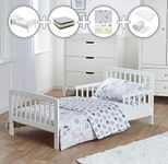 Kinder Valley Complete 7 Piece Kids White Toddler Bed Bundle with Kinder Flow Mattress and Safari Friends Reversible Bedding Set | Junior Bed and Children's Bed