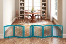 PUPETPO Freestanding Pet Gates with Walk Through Door, Dog Indoor Fence, Dog Gate for The House, Doorway, Stairs, Extra Wide Dog Gate, Support Feet Included, 120 Inch Wide, 6 Panels 24" Tall, Blue