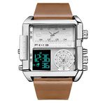 FEICE Wathes for Men Digital LED Analog Quartz Wristwatch Business Men’s Watch Multifunction Square Chronograph 24H Calendar Leather Band Unique FK030