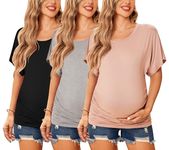 Ekouaer Maternity Shirts 3 Packs Side Ruched Dolman Sleeve Tops Casual Pregnancy Clothe Tunic Black/Misty Rose/Light Grey XXL