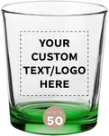 50 pack of Heavy Base Whiskey Glasses, 13.5 oz. Custom Personalized with Logo or Text, Lowball Old Fashion Rocks Glass Set for Old Fashion, Green