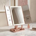 Stelliferous 10x Trifold Makeup Mirror with Adjustable LED Lights | 2X, 3X, 10X Magnifying & 3 Colour LED | USB Rechargeable | Magnifying Mirror for Home and Beauty Salon (Rose Gold)
