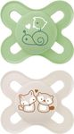 MAM Original Start Soothers 0-2 Months (Pack of 2), Baby Soothers with Self Sterilising Travel Case, Newborn Essentials, White/Green (Designs May Vary)