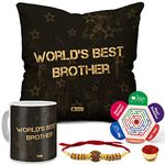 Indigifts World Best Bro Quote Printed Gift Set of Cushion 12"X12" with Filler Mug 330 Ml- Rudraksha Rakhi,Roli & Greeting Card for Men/Boys