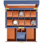 ROTHWELL 10-Slot Watch Box in Leather with Valet Drawer, Luxury Watch Case Display Organizer with Ultra Soft Microsuede Liner, Jewelry and Sunglass Holder With Large Glass top (Blue/Tan)