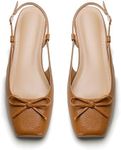 Lhamo Latso Brown Ballet Flats 1 Inch Low Block Heel Slingback Comfortable Ballerina Flat Bow Dressy Flats Shoes for Women Satin 8.5