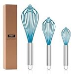 OYV Silicone Whisk,Professional Whisks for Cooking Non Scratch,Stainless Steel & Silicone Wisk,Plastic Rubber Whisk Tool for Nonstick Cookware Pans,Silicon Wisks Set of 3,Blue.