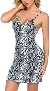 Avidlove Women's Full Slip Adjustable Spaghetti Strap Camisole Mini Dress Casual Deep V Nightgown S Snake Print