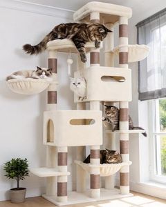 Heybly Cat Tree, 190cm Spacious & Tall Cat Tower for Large Cats, Cat Furniture with Large Top Perch, Solid Base, 2 Cat Condos, Hanging Hammock, Durable Sisal Scratching Posts, Beige HCT062MJ