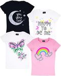 MISS POPULAR Girls 4-Pack Super Soft Short Sleeve T-Shirts Rainbow Butterfly Glitter Print Cute Design| Sizes 7-16, Combo a, 14-16