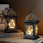 TRIROCKS Set of 2 Vintage Style Decorative Lantern 8'' High Battery Operated Metal Lantern Hanging Lantern with LED Fairy Lights Perfect for Home Decor Living Room Parties Events Indoors (Grey)