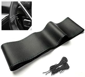 Ziciner Leather Steering Wheel Cover, Stitch On Wrap, Breathable Anti-Slip Car Steering Wheel Protector for Max Diameter 15'', DIY Sewing with Needle Thread, Universal Car Accessories (Black)