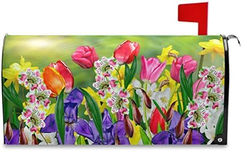 Spring Summer Flowers Mailbox Covers Magnetic Tulips Daffodils Daisy Florals Mailbox Cover Oversized 25.5" X 21" Mailbox Wraps Post Letter Box Cover Garden Decorations