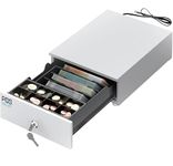 MINI Cash Register Drawer, Small Money Drawer with POS Opening, RJ Printer and Cash Register, Cash Box with 4 Banknote Compartments and 8 Coin Compartments, 24x32 - WHITE