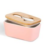 Eidoct Ceramic Butter Dish with Wooden Lid and Multi-Functional Butter Knife of Stainless Steel, 650ml, Pink