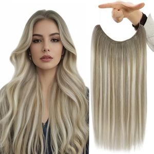 Fshine Wire Hair Extensions Ash Brown Ombre Platinum Blonde Balayage Secret Fishing Line Human Hair Hidden Wire Hair Extensions Ombre Hair Extensions Real Human Hair Clip ins 12 Inch 70G