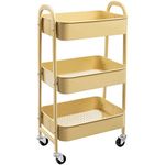 DOEWORKS 3-Tier Storage Cart Rolling Trolley Cart Metal Utility Shelves with Wheels and Handles for Kitchen Makeup Bathroom Office, Khaki Yellow