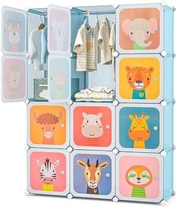 HONEY JOY Kids 12-Cube Wardrobe, Baby Dresser Armoire w/Doors, 2 Rods, Cute Cartoon Animal Patterns, DIY Modular Storage Organiser Cube, Portable Clothes Hanging Closet for Bedroom, Nursery (Blue)