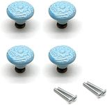 Susenya Ceramic Drawer Knobs Vintage,4pcs, Knobs Decorative 1.3" Dia. Light Blue with Mounting Screws Antique Drawer Knobs Carved Flower Knob