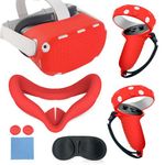 VR Cover Accessories Set Compatible with Meta Quest 2, MLemonVR Silicone VR Shell, Controller Grips & Face Cover, Button Caps, Lens Cover + Glasses Cloth Set for Quest 2 (Red, for Quest 2)