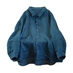 NFYM Womens Flax Linen Button Down Shirt Handmade Threading Long Sleeve Loose Fit Collared Blouse Tops with Pocket, Blue, One Size