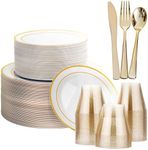 MATANA 360 Pcs Reusable White & Gold Plastic Dinnerware Set for 60 Guests - 60 Dinner & 60 Dessert Plates, 60 Cups, 180 Cutlery Set (60 Knives, 60 Forks & 60 Spoons) - for Weddings, Parties
