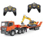 Fistone RC Semi Truck & Excavator Toy Set, 2.4Ghz Remote Control Flatbed Truck with Excavator Toys, 1:24 RC Semi-Trailer Engineering Tractor with Sound and Lights, Construction Vehicles Toy for Boys