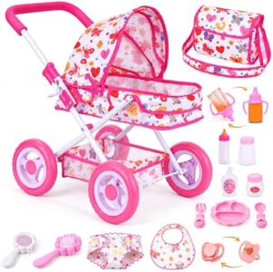 BABESIDE 14-Piece Baby Doll Stroller Set, Fits 10-12 Inch Dolls