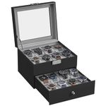 SONGMICS Watch Box, Watch Case with Glass Lid, 2-Tier Watch Display Case, Lockable, 1 Drawer, for Rings, Bracelets, Gift Idea, Black Synthetic Leather, Greenish Grey Lining JWB016G01