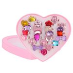 FRIUSATE 24pcs Toy Rings for Girls, Adjustable Rings Set for Little Girls, Girls Crystal Jewelry Rings Princess Jewelry Finger Rings with Heart Shape Box for Girls Birthday Party Supplies