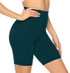 JOYSPELS Womens High Waisted Gym Shorts - Workout Running Sports Shorts Yoga Cycling Shorts for Womens with Pockets- BlackishGreen - M