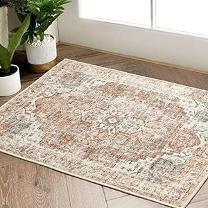 JINCHAN Area Rug 2x3 Washable Rug Indoor Entryway Vintage Rug Brick Red Print Rug Retro Distressed Carpet Thin Rug Chenille Mat Foldable Accent Rug Lightweight Non Slip Bathroom Kitchen Bedroom